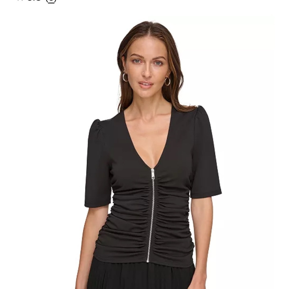 DKNY Black Gathered V-Neck Blouse